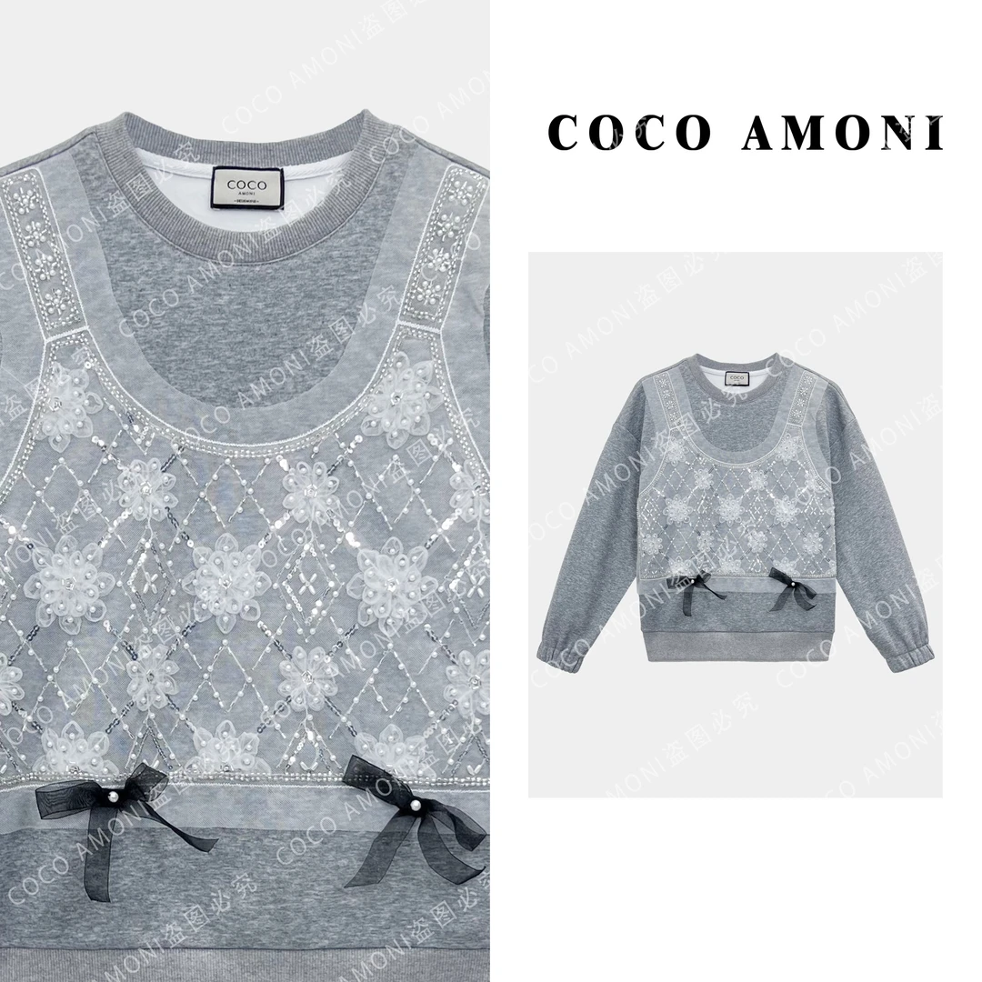 时尚宽松显瘦上衣拼接 烫砖钉珠立体花朵百搭气质长袖卫衣ZQ762