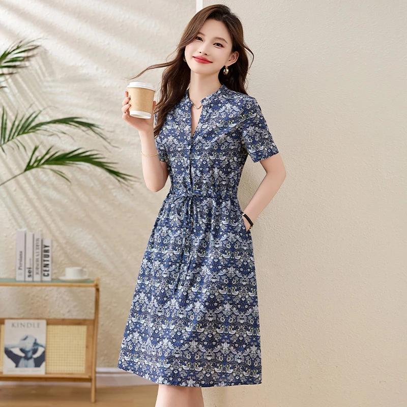 复古印花纯棉短袖连衣裙女夏新款减龄文艺气质抽绳收腰碎花衬衫裙