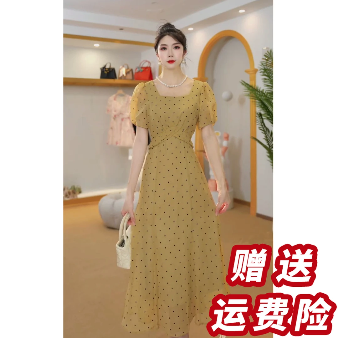 【赠送运费险】法式名媛风波点方领黄色短袖连衣裙女2025夏季J46062