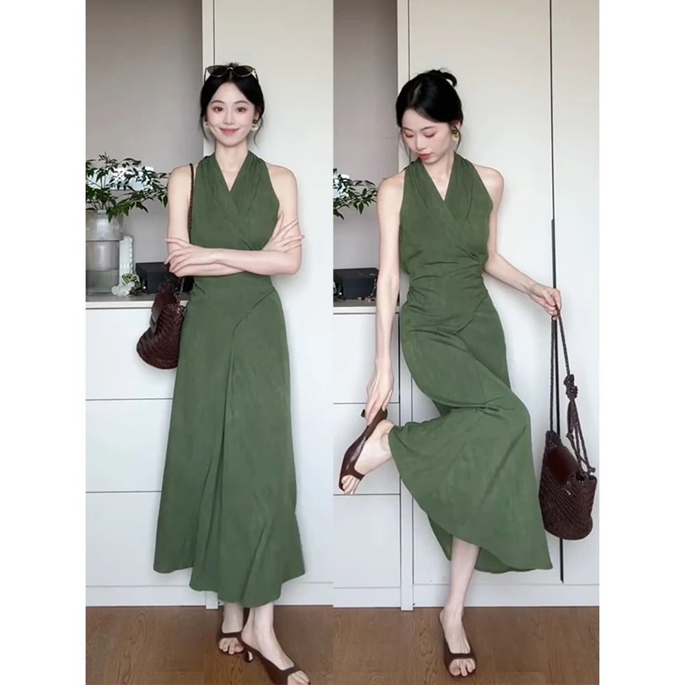 parkyeon高级感挂脖v领长裙女夏季复古气质收腰无袖背心连衣裙