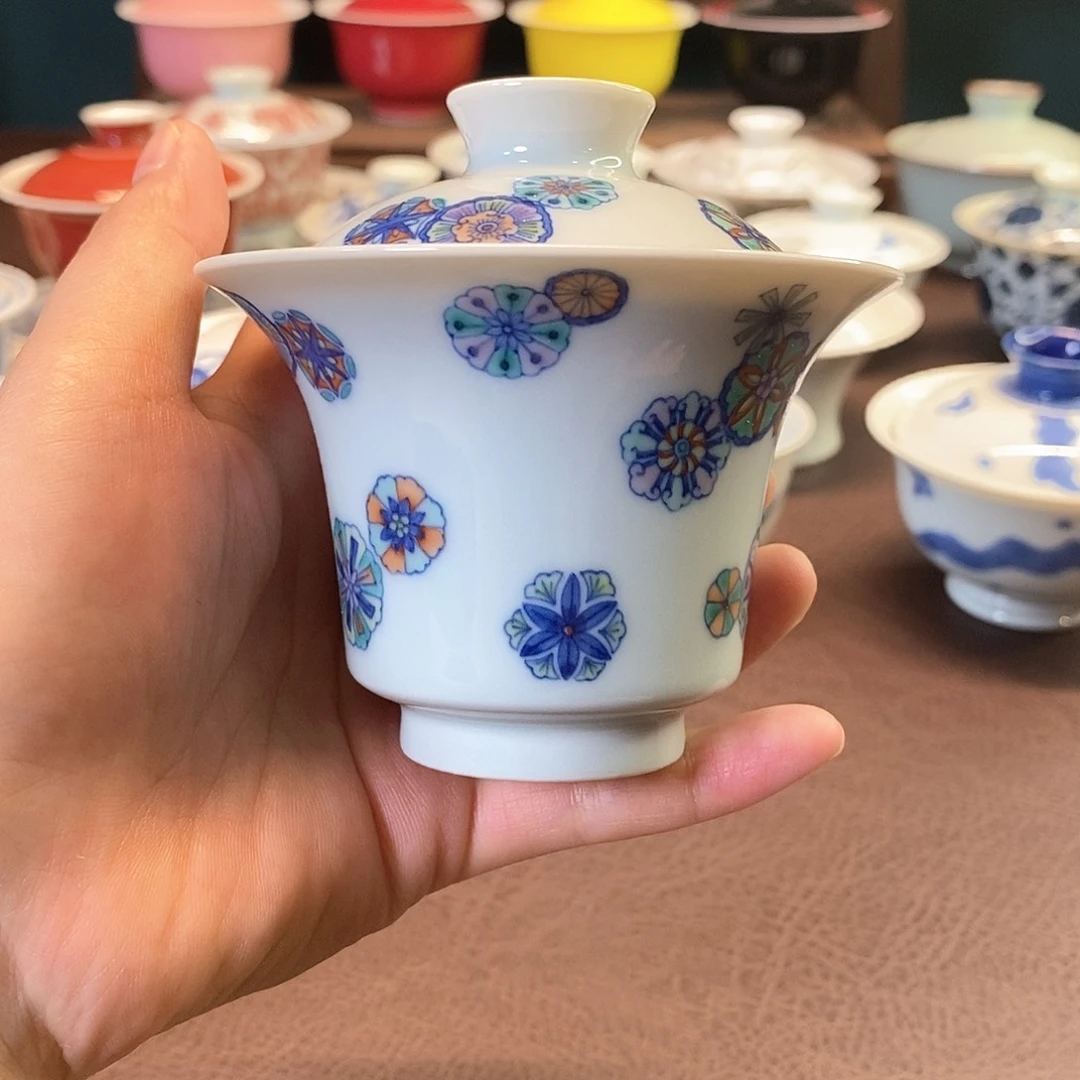 2.0-120cc 斗彩皮球花白茶专用盖碗