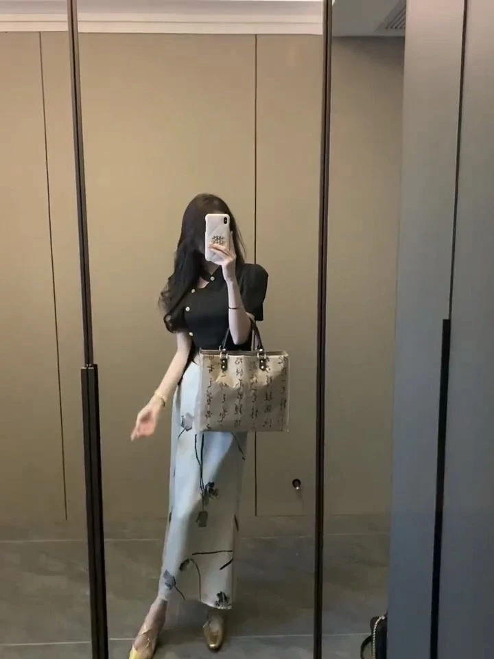 新中式裙套装夏季不规则设计短袖上衣高腰玫瑰印花半身裙女两件套