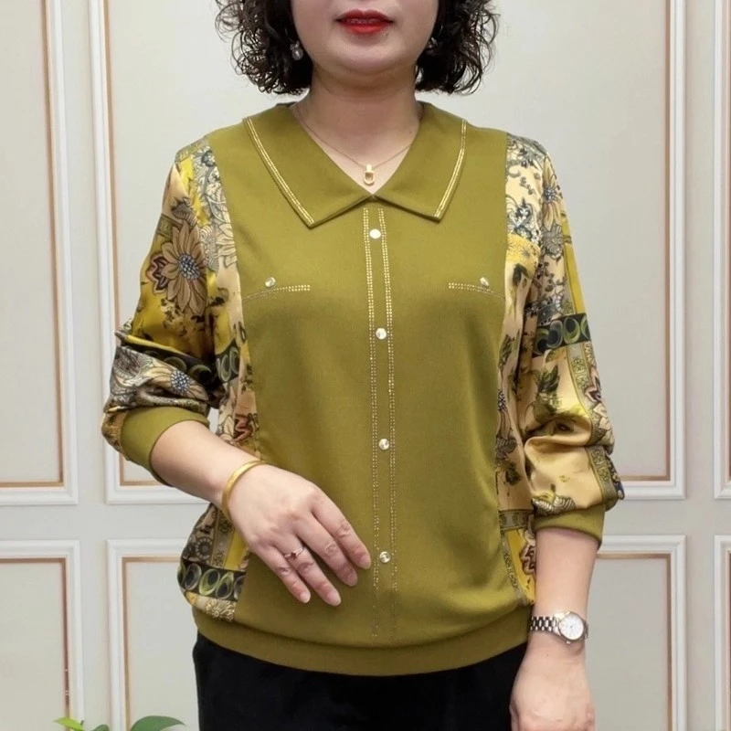 妈妈秋装新款打底衫上衣洋气中老年女装春秋针织拼接长袖t恤小衫