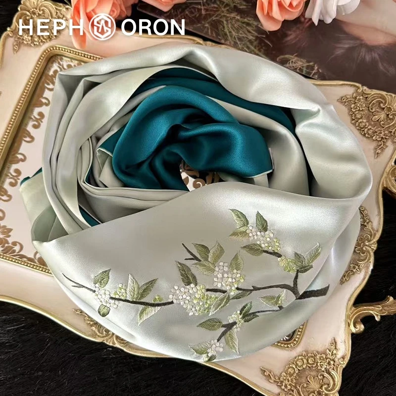 HEPHSORON苏绣丝巾礼盒送妈妈绿色刺绣气质百搭桑蚕丝真丝围巾