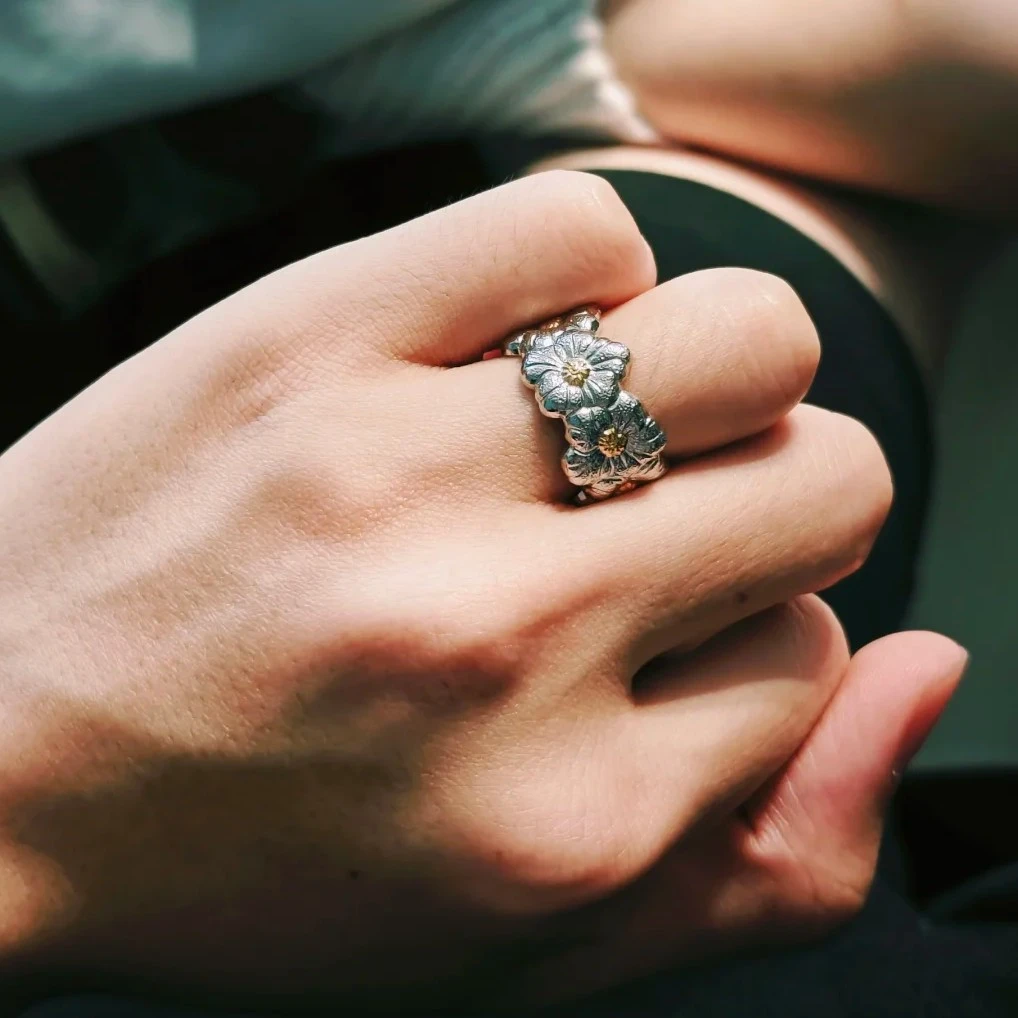 925银锆石戒指 栀子花925银开口戒指意大利手工小众