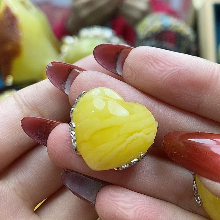 琥珀戒指银S925镶嵌戒指