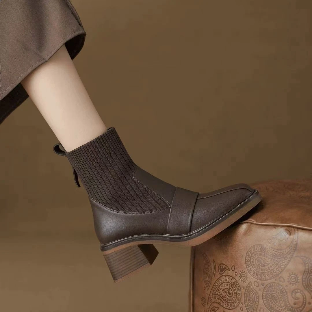 法式秋冬季针织筒粗跟短靴女软皮高跟瘦瘦靴子女士黑色中筒粗跟靴