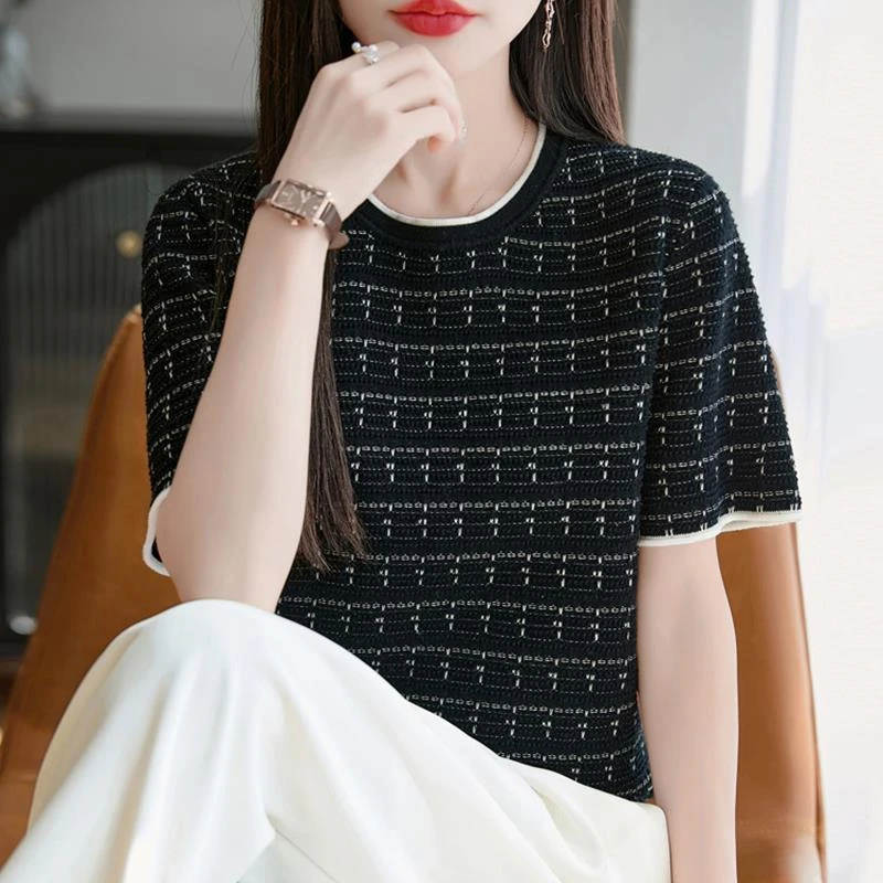 时尚显瘦短袖t恤女夏季2025新款打底衫洋气大码女装冰丝针织上衣