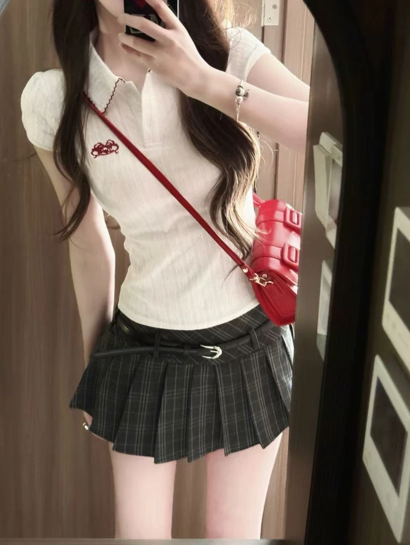 辣妹正肩polo领短袖T恤女夏季刺绣小众设计感小衫收腰打底衫上衣