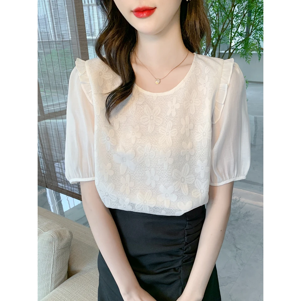 高级感泡泡袖雪纺短袖衬衫女士夏季2025新款法式正肩上衣百搭小衫