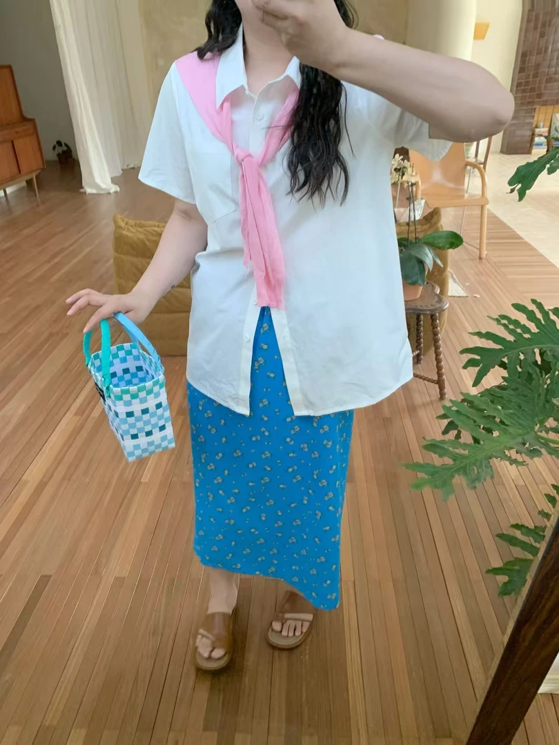 56406-韩系温柔风蓝色碎花半身裙女夏季新款高腰显瘦百搭中长裙子