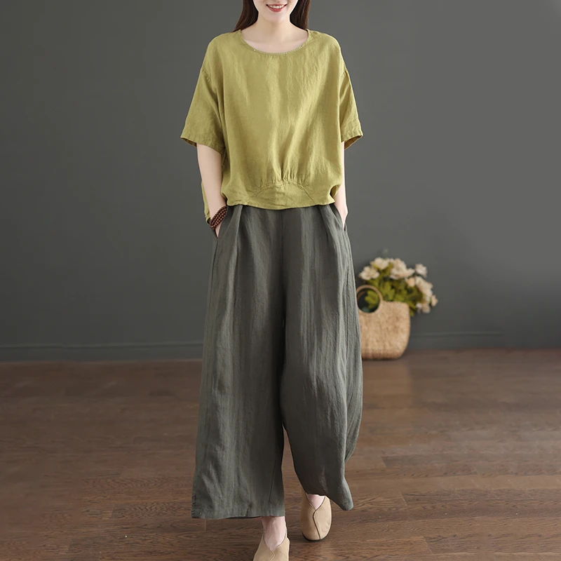 YX#阔腿裤套装女高端复古文艺装亚麻两件套夏洋气显瘦女装DY3031