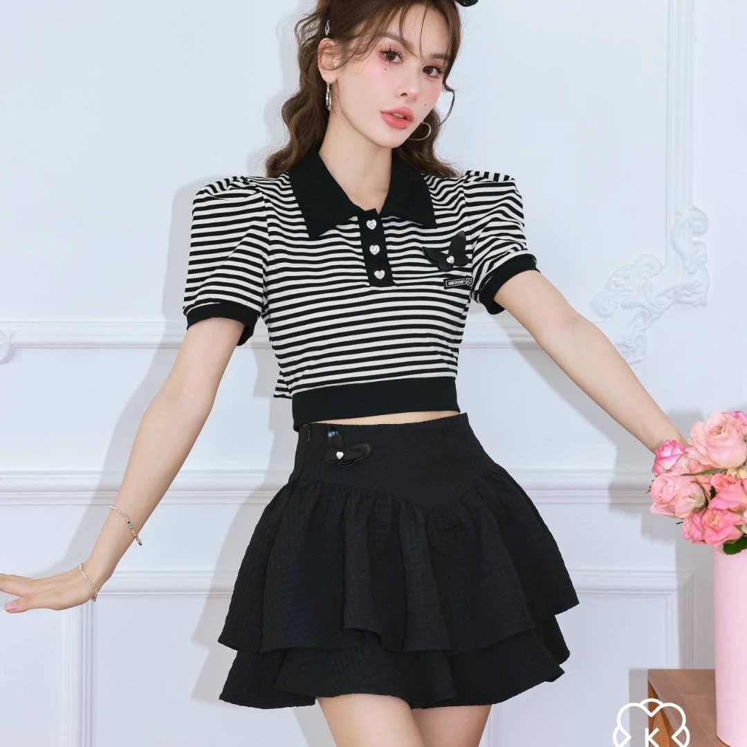 【美娇粉丝专属】Kroche 撞色条纹Polo翻领立体蝴蝶短袖