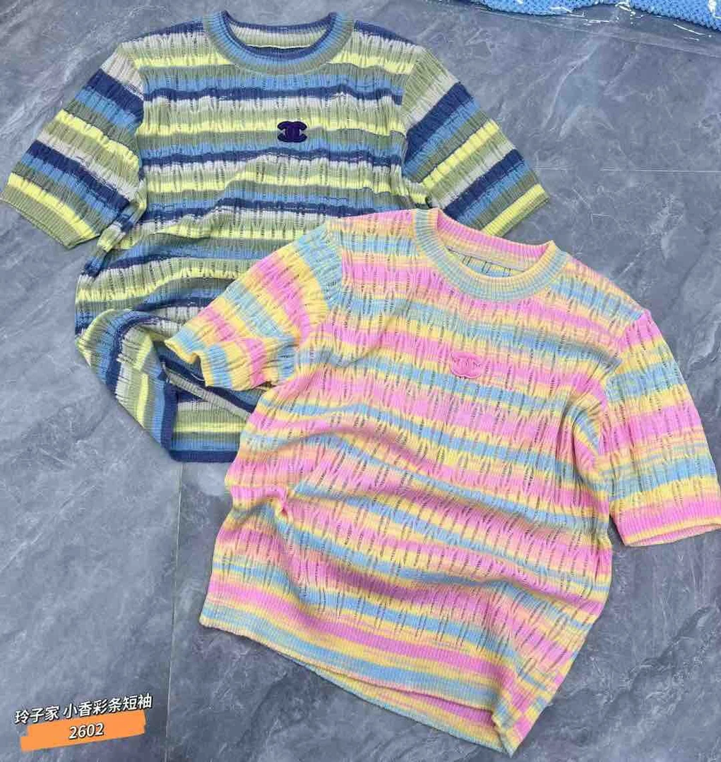 短款刺绣女彩虹薄款短袖毛针织衫彩条镂空洋气撞色套头韩版