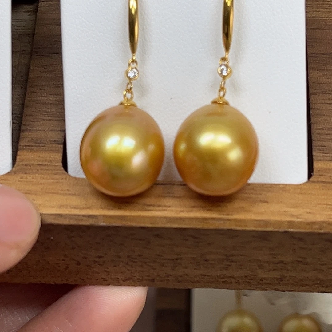 海水珍珠耳饰18K金镶嵌13-14mm
