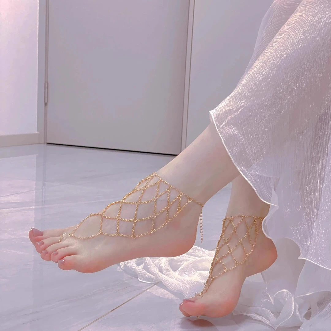 合金脚链 千金玉足链子异域风情脚链潮性感网格金色纯欲风高级感