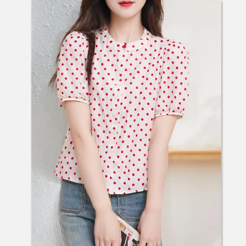 夏季新款港风复古红色波点泡泡袖衬衫女设计感小众减龄洋气上衣