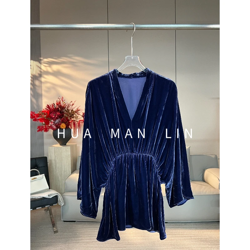 花滿林V领腰部松紧腰真丝桑蚕丝丝绒连肩袖上衣268260