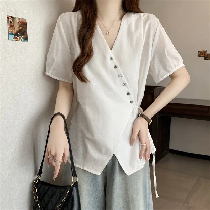 夏季新款设计感百搭显瘦时尚V领短袖衬衫女不规则收腰上衣女