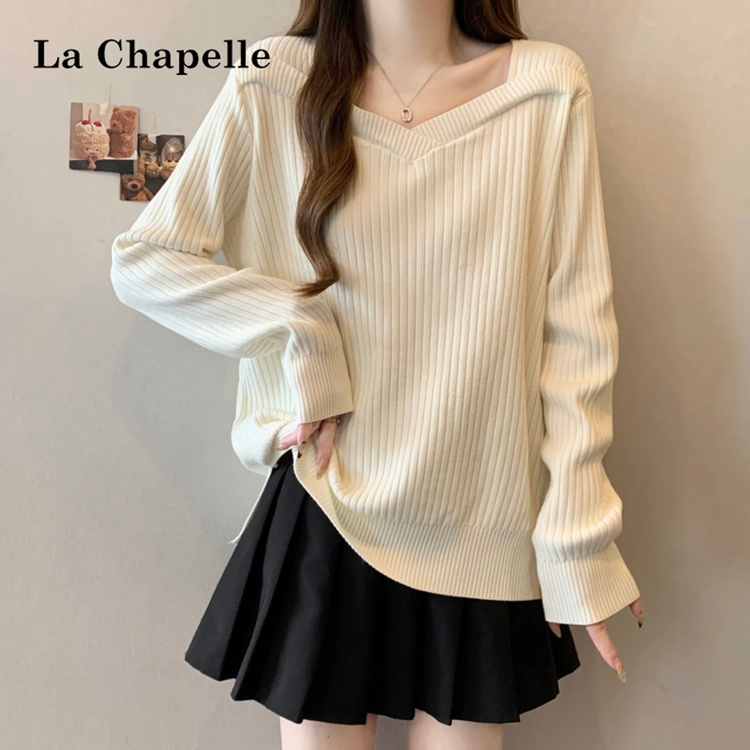 拉夏贝尔大码胖mm宽松遮肉显瘦方V领针织衫女秋冬款内搭打底毛衣