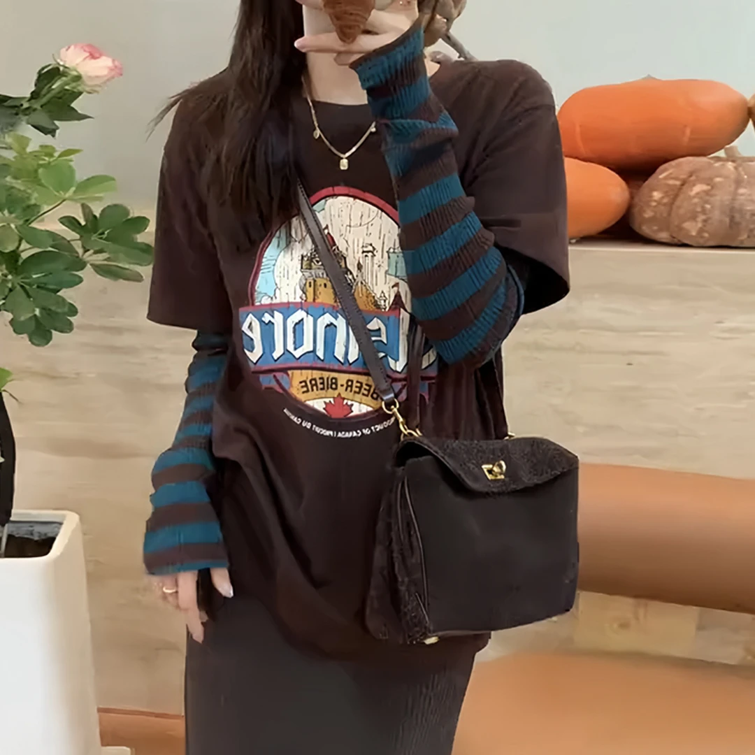 宽松显瘦上衣秋季新款胖MM大码女装复古假两件条纹印花长袖T恤女