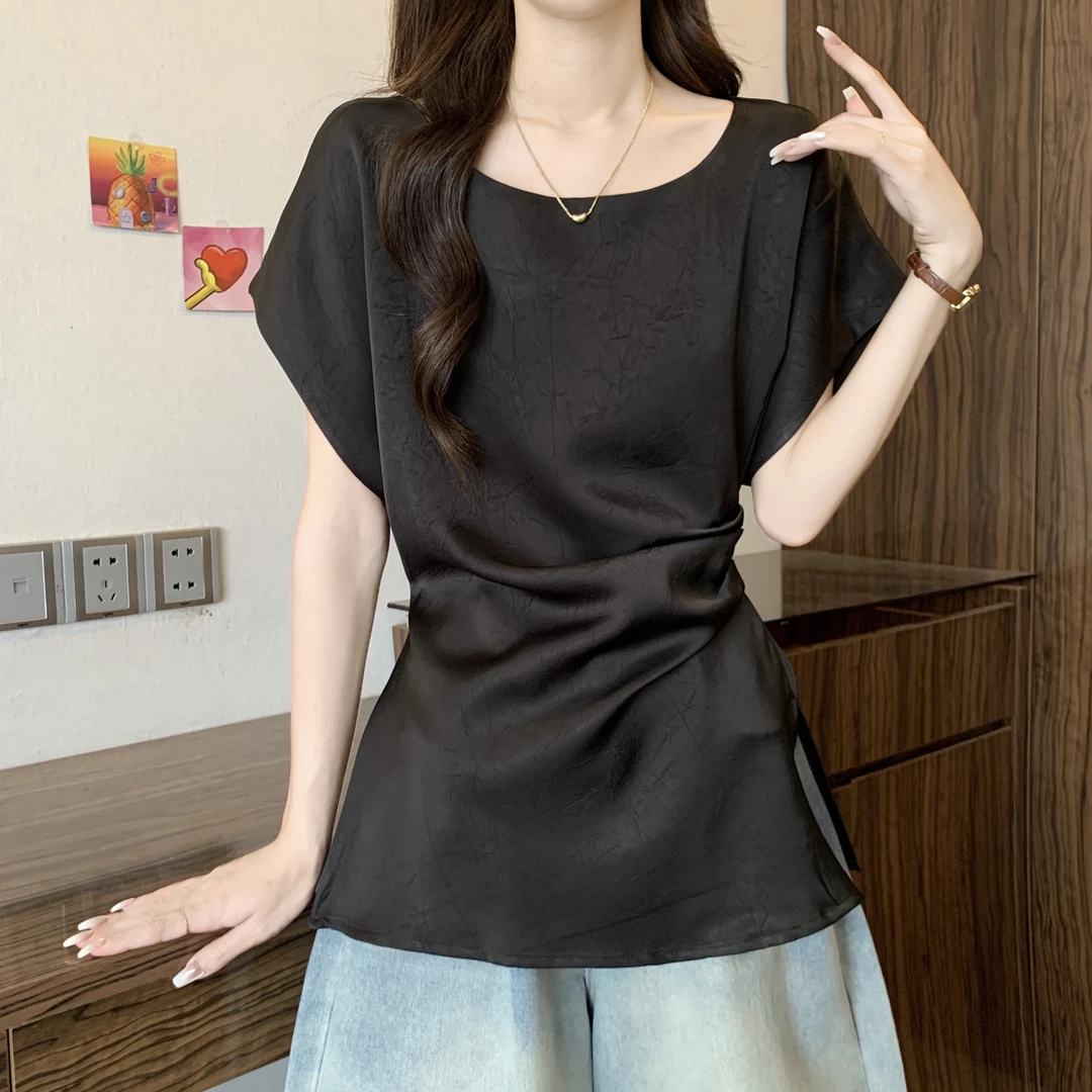 新品大码设计感不规则掐腰短袖衬衫女夏季显瘦高级感缎面上衣