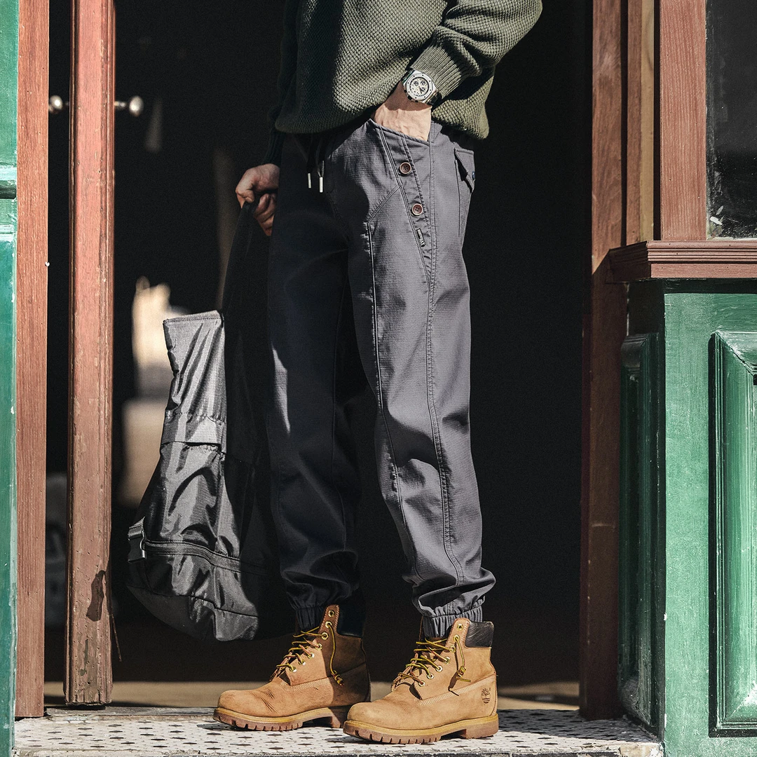 格蓝鹿美式复古机能工装裤子男士秋冬款宽松设计感拼接束脚休闲裤
