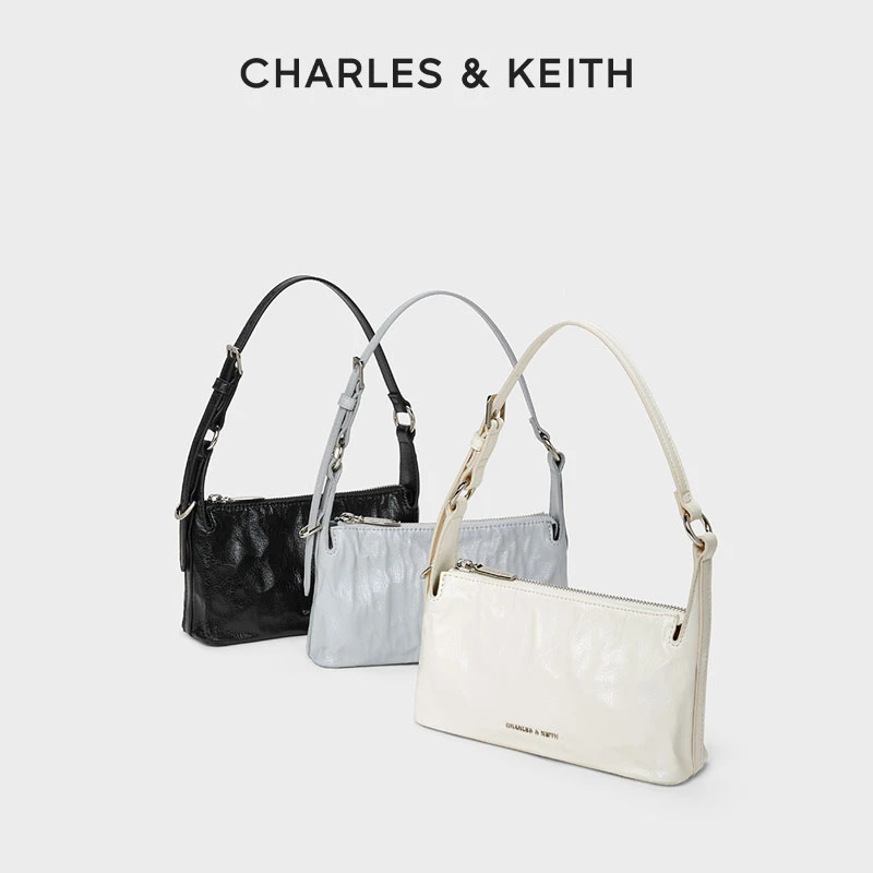 CHARLES & KEITH【商场同款】褶皱油蜡皮斜挎腋下小方包女80160183