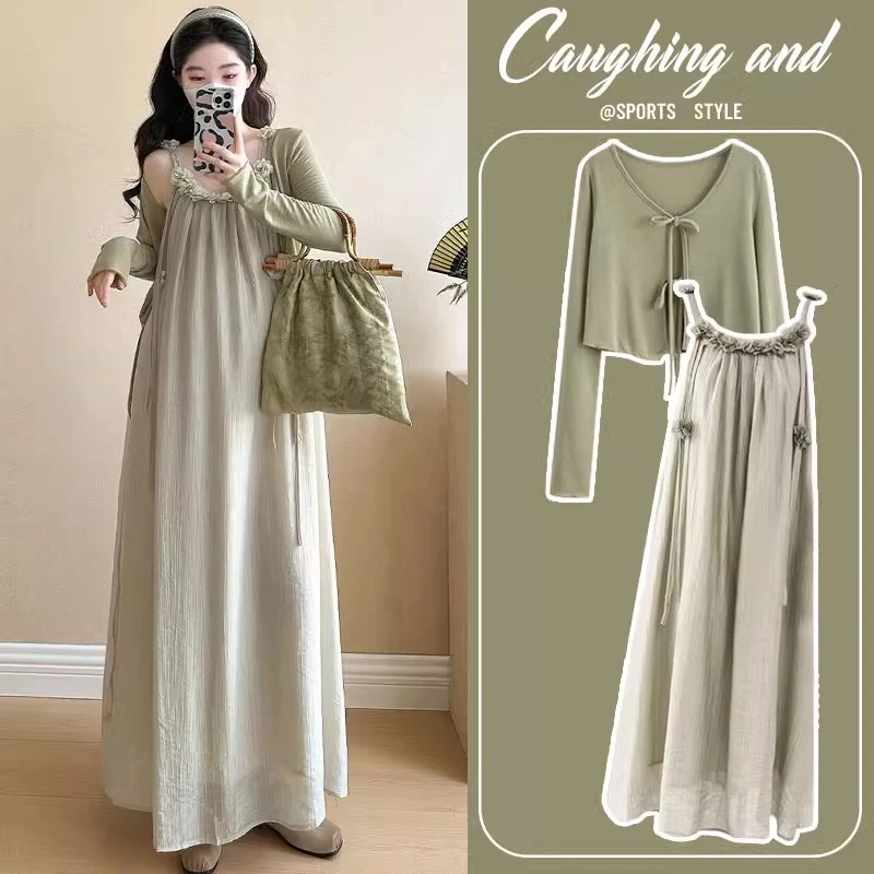 孕妇装夏季防晒衣开衫甜美显瘦高级感宽松时尚长款孕妇吊带连衣裙