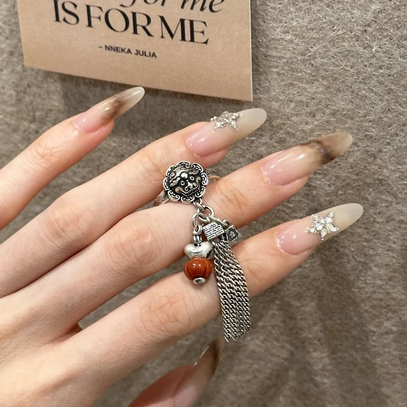 敦煌飞天 925银戒指 J12918双喜流苏元宝红瓜珠秤砣兽面活口戒