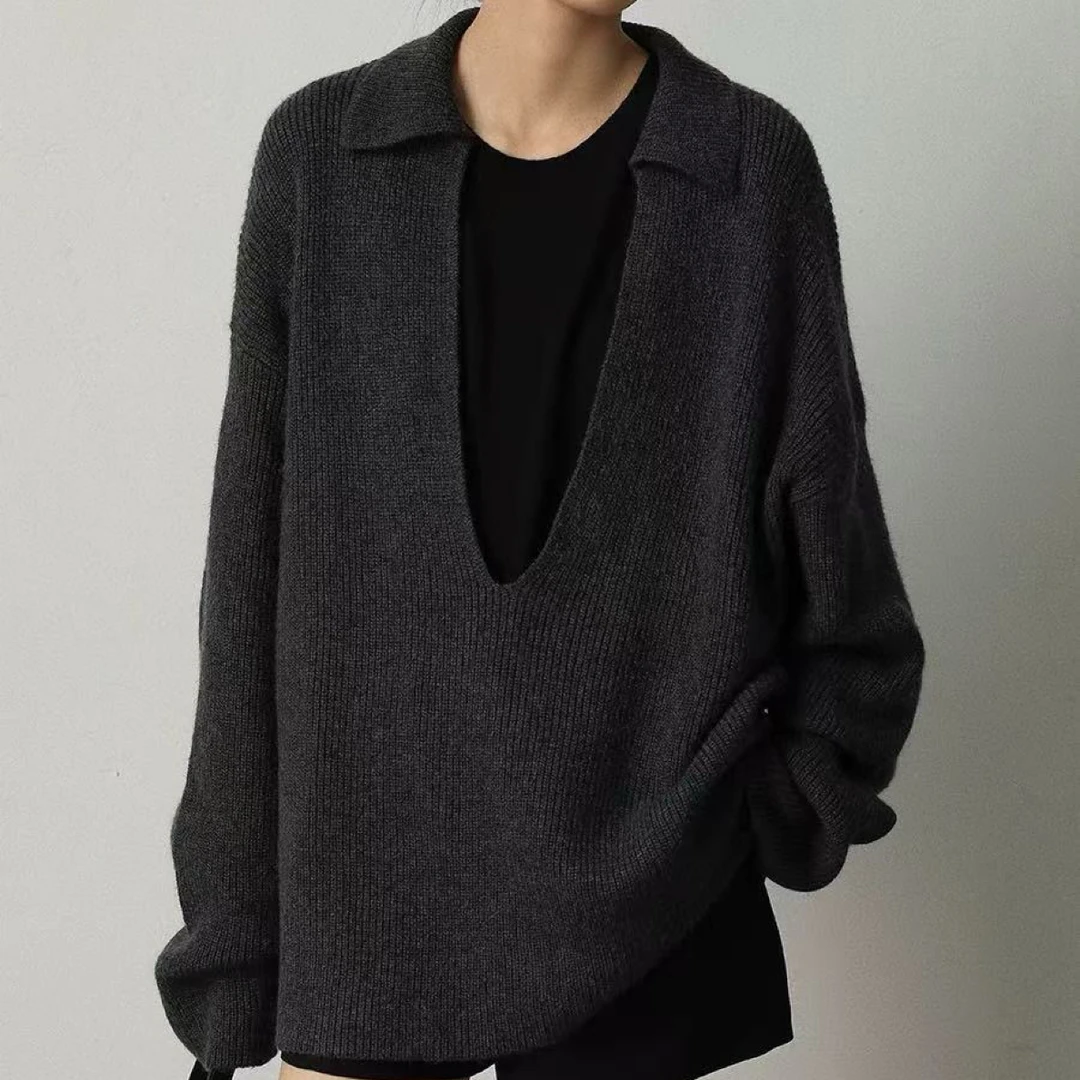 法式气质！大V领针织纯羊毛衫女秋冬新款宽松慵懒风中长款毛衣时尚