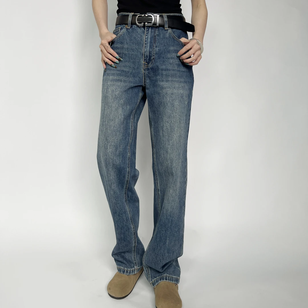 【MadeStyle】蓝色美式复古直筒牛仔裤水洗做旧宽松休闲百搭8520