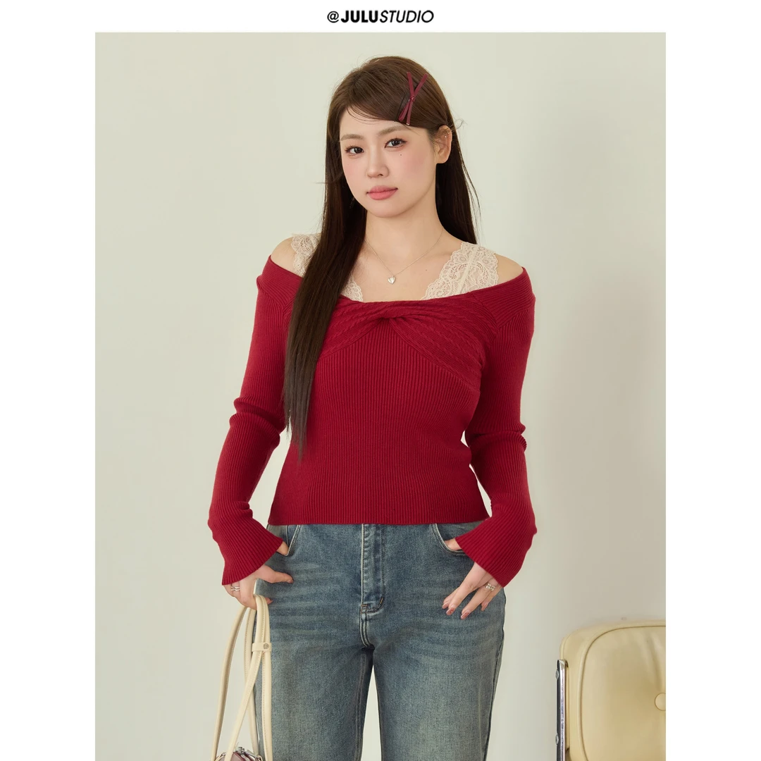 巨鹿工作室“蝴蝶结的浪漫”微胖mm纯欲显瘦蕾丝拼接针织大码上衣