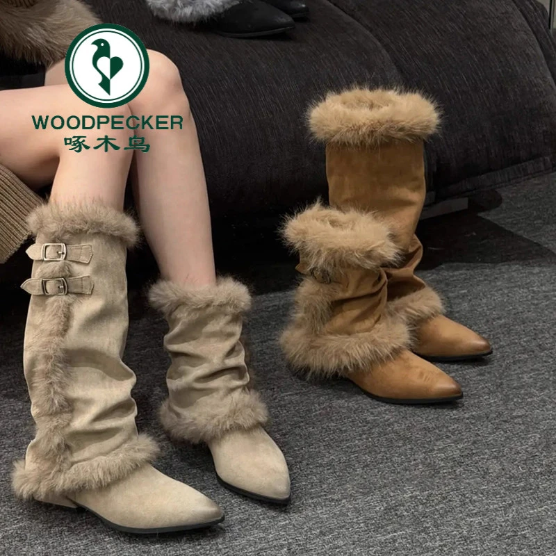 啄木鸟复古毛毛靴加绒加厚雪地靴女2025冬季高筒靴尖头保暖长筒靴