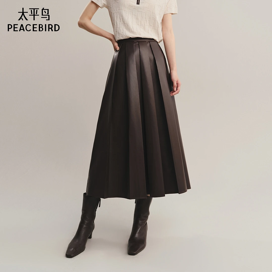 【商场同款】太平鸟无花果色PU皮长裙半身裙女百褶伞裙A1GFF3530