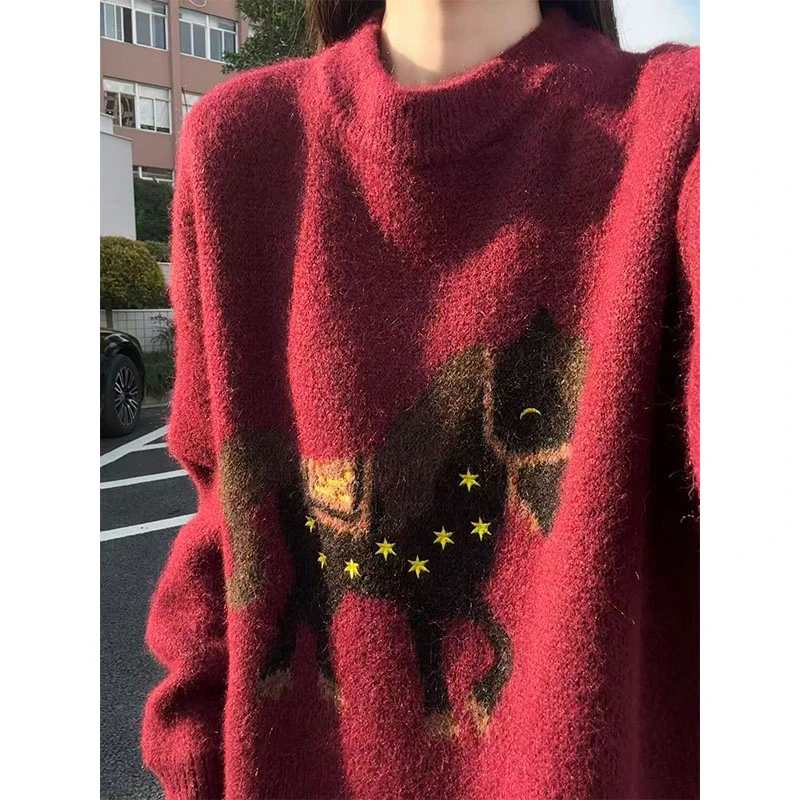 “马上有钱”2026年新年毛衣男女同款宽松慵懒风情侣刺绣针织衫