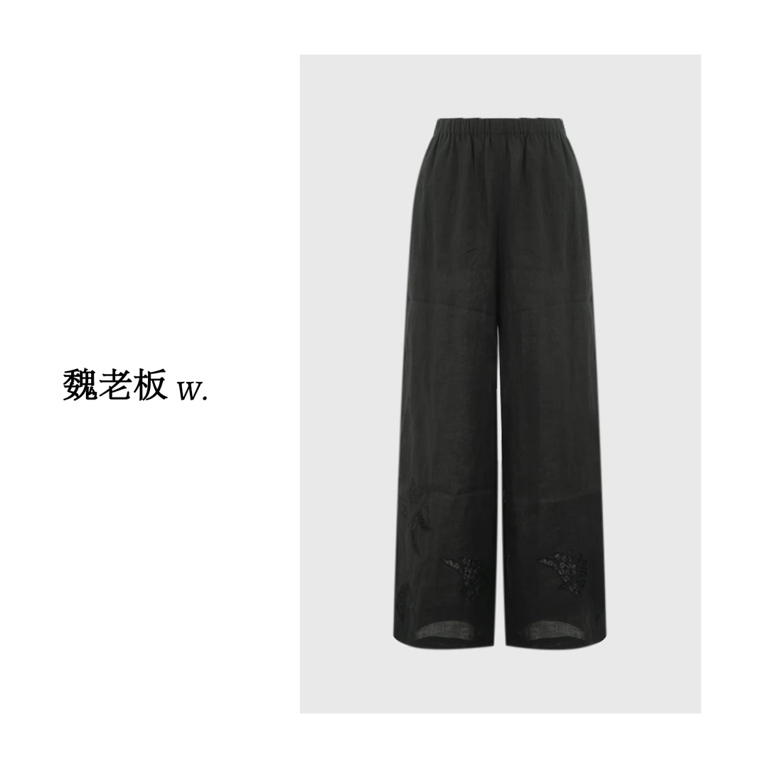 W.Diva【静界】100汉麻阔腿裤复古国风休闲刺绣绣花长裤女51K181213