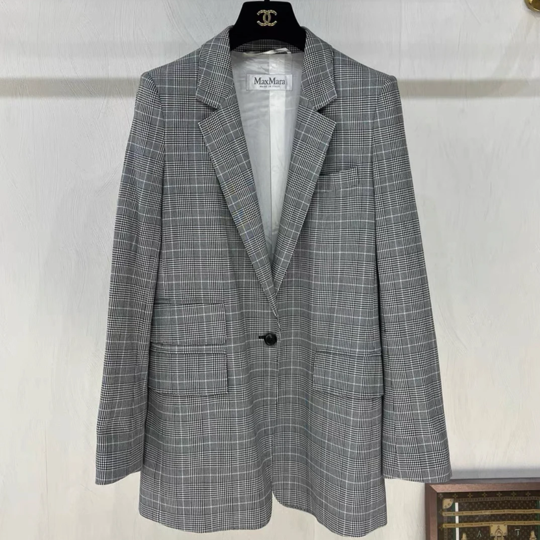 99新 MaxMara 千鸟格格纹一粒扣西装外套/46码/C01032