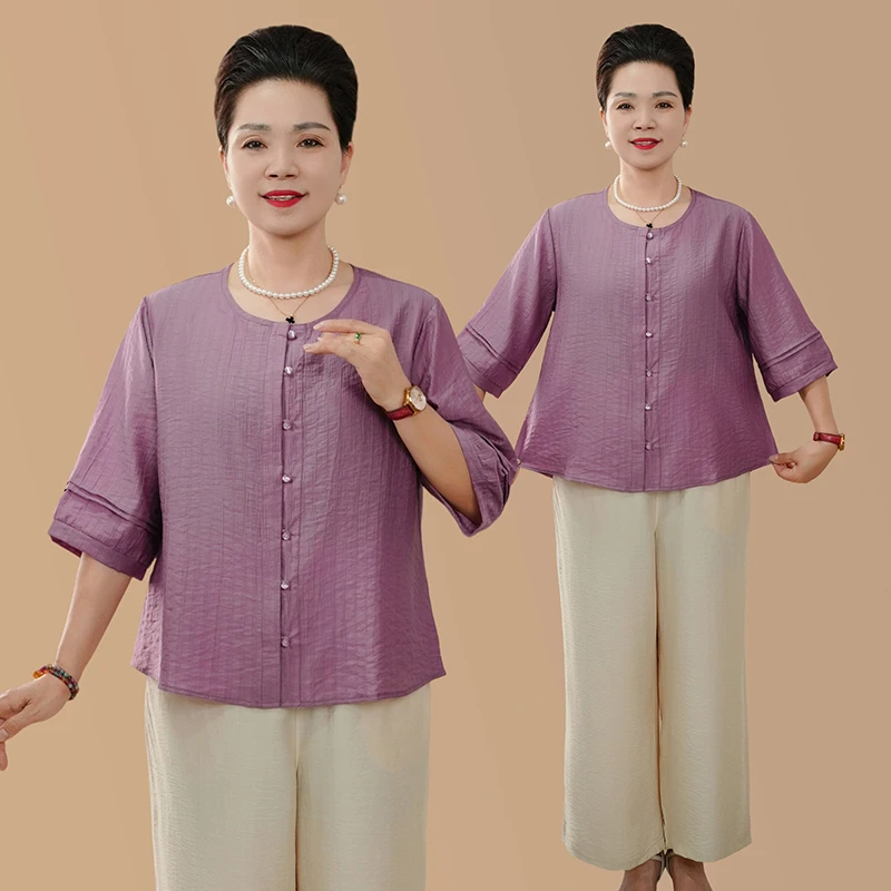 洋气母亲衣服夏季新中式圆领七分袖九分裤妈妈装夏装休闲纯色套装