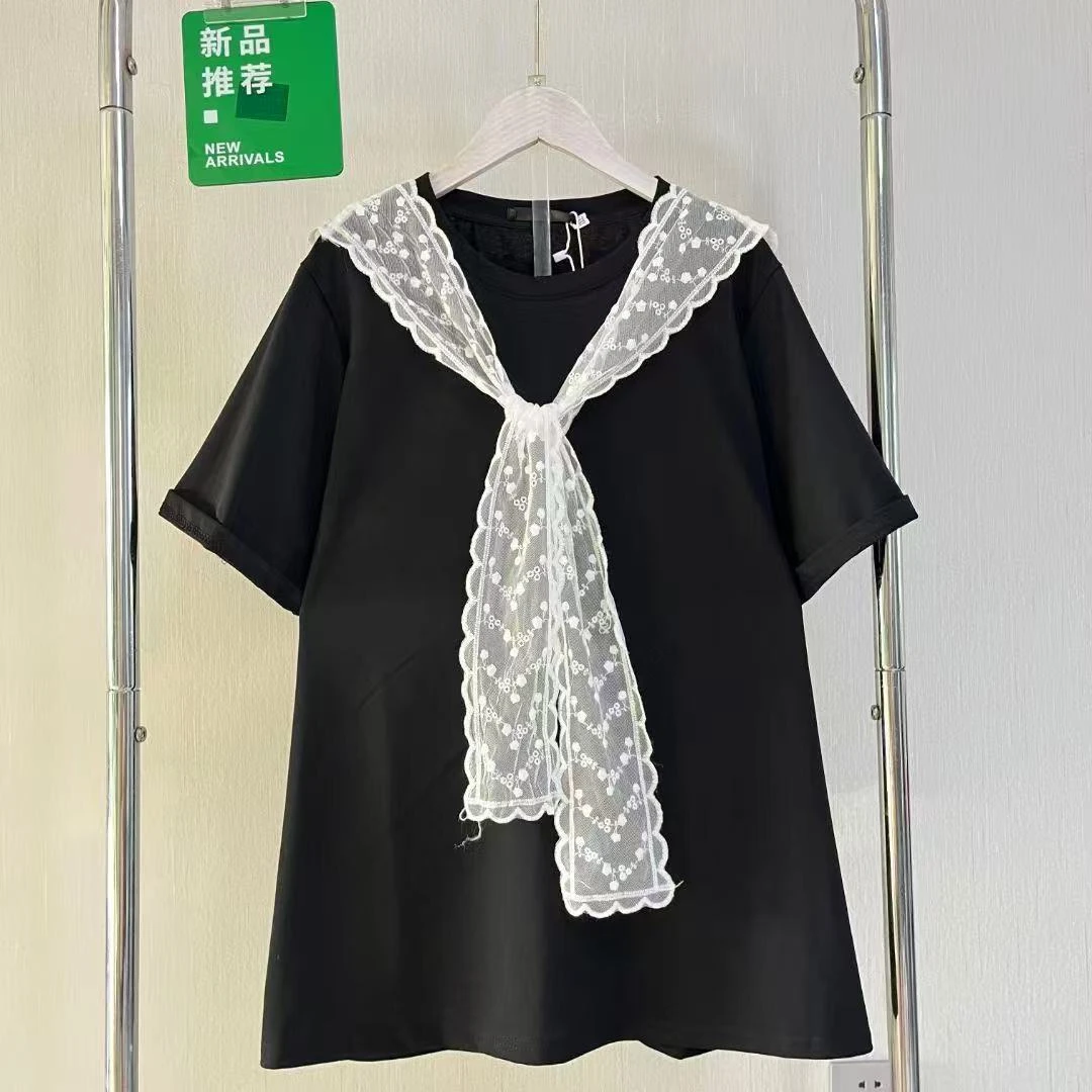 -韩版设计感重工刺绣披肩加纯色半袖衫大码女装真两件套