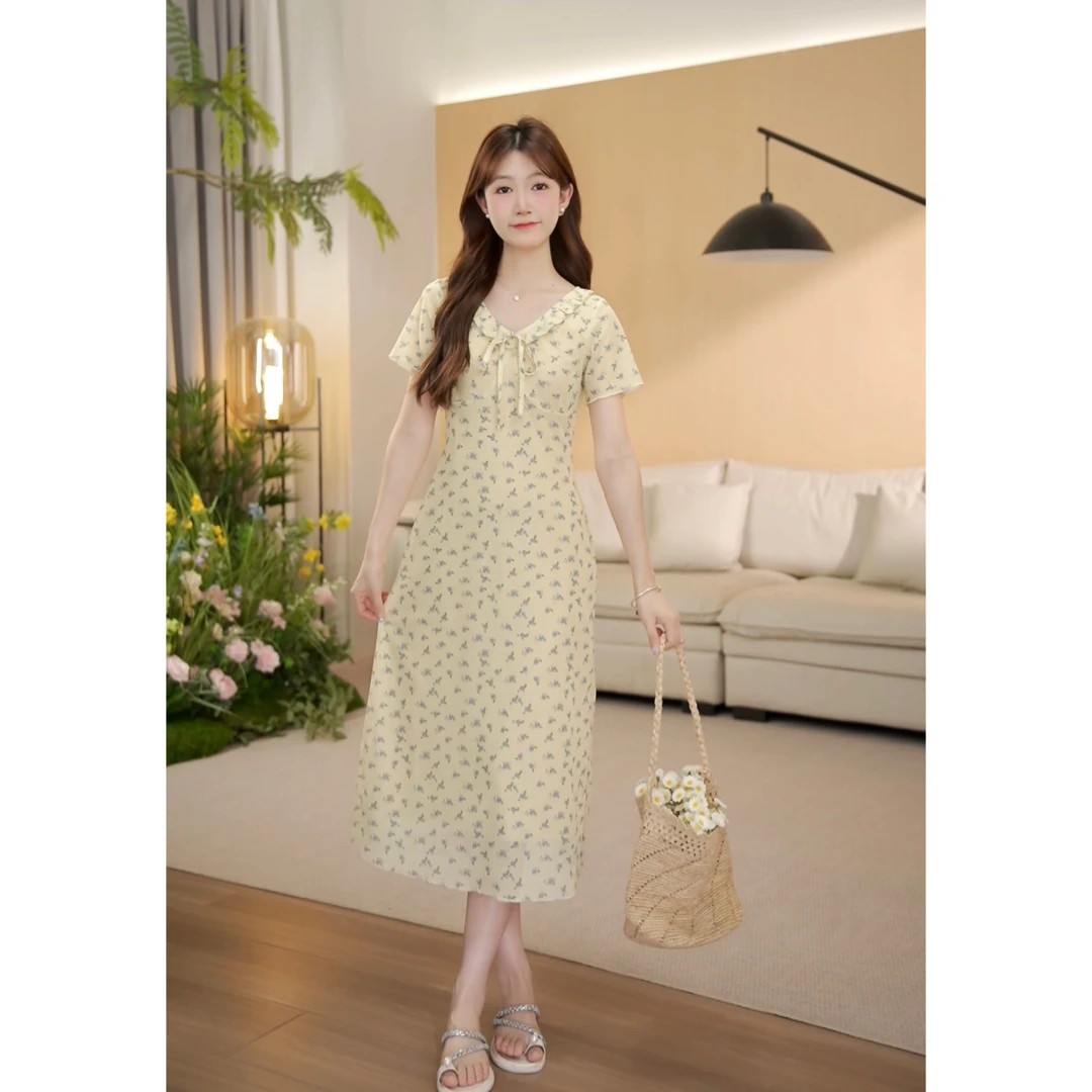 （周周小个子）2025新款气质碎花夏季连衣裙度假风收腰长裙-2211