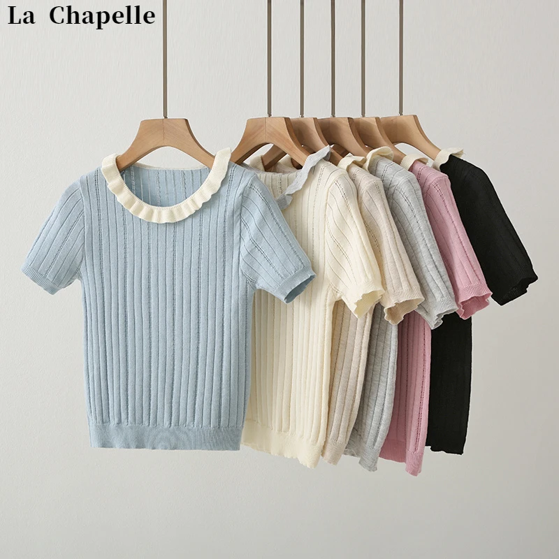 La Chapelle/拉夏贝尔2025开春韩系甜美花边针织T恤温柔百搭休闲