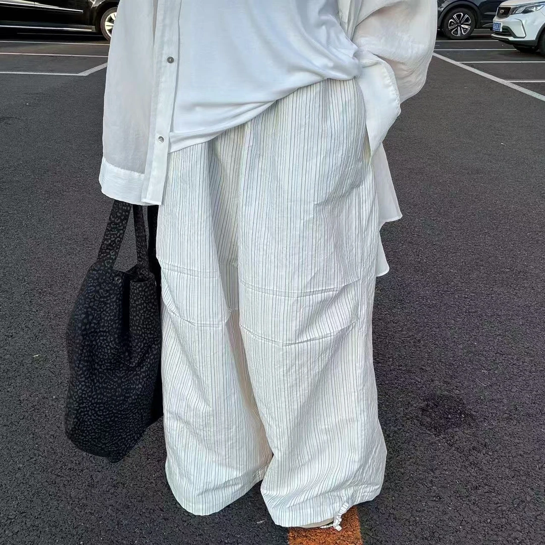 韩国夏季细条直筒麻裤（裤腿带抽绳）