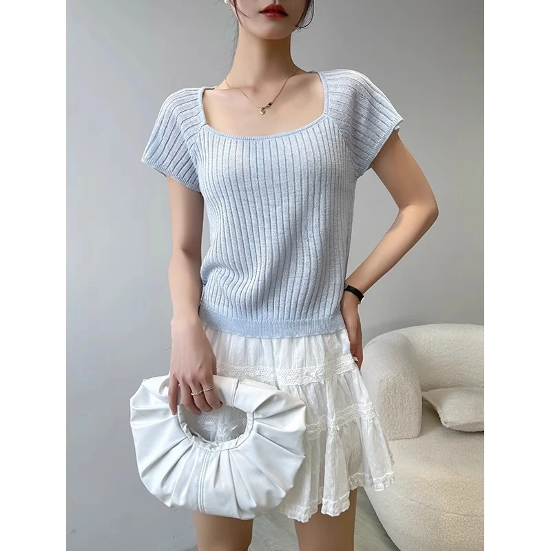 浅蓝色冰丝针织短袖女t恤夏2025新款洋气绑带内搭设计感方领上衣