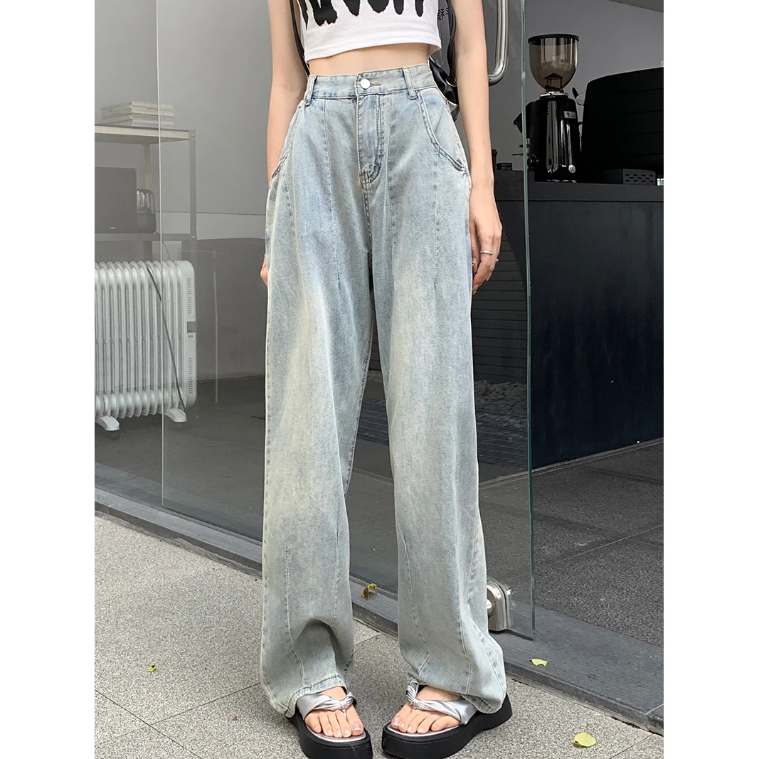 #8106 宽松春秋款垂感休闲牛仔裤拖地长裤浅蓝色阔腿