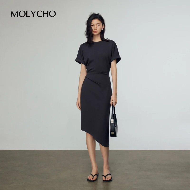 MOLYCHO极简风收腰短袖连衣裙女夏季2025新款修身显瘦中长T恤裙子
