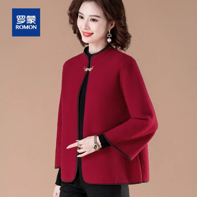 罗蒙小个子妈妈秋冬开衫呢绒外套喜庆婚宴装中老年女装喜婆婆上衣