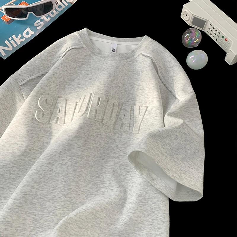 美式重磅字母钢印短袖男夏季硬挺垫肩体恤拉链设计百搭休息五分袖