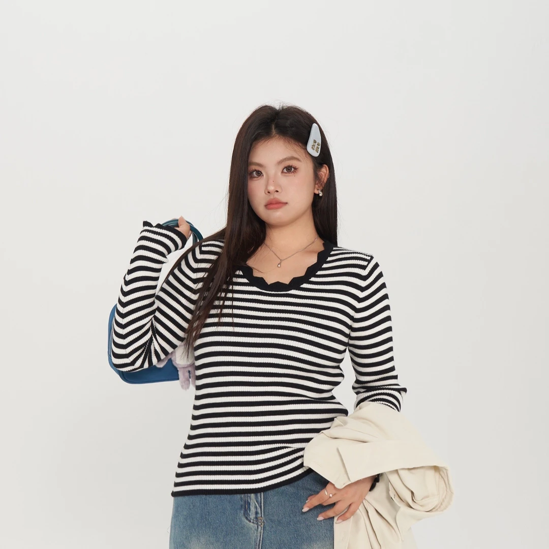 【C】大码女装秋季条纹百搭长袖修身打底衫  3659