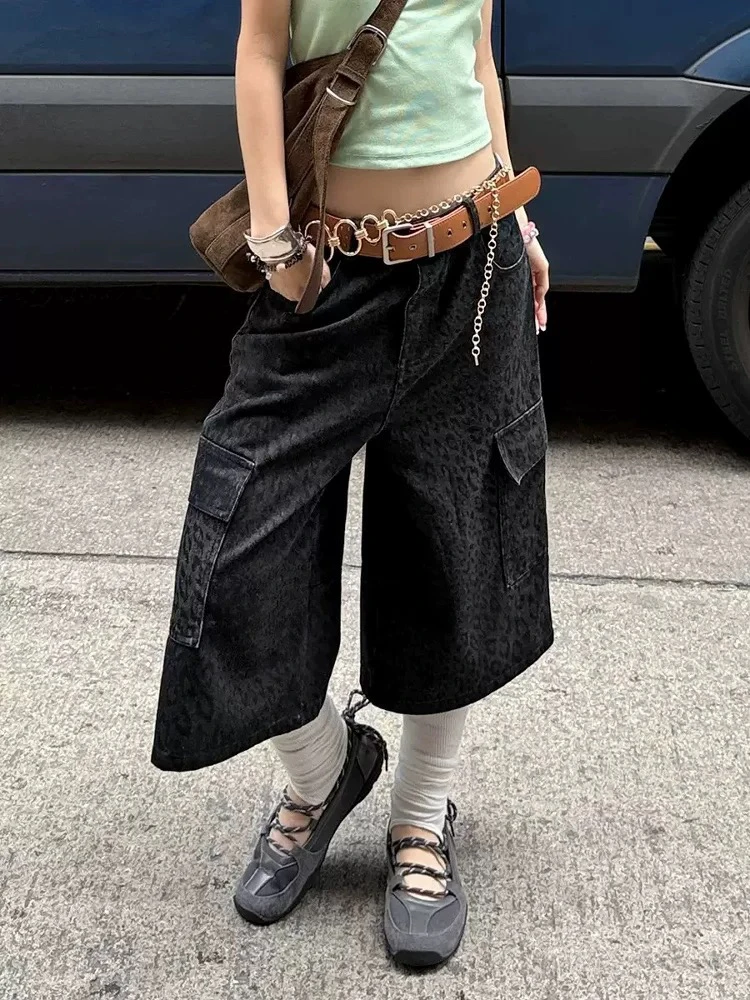 美式复古豹纹牛仔五分裤街头辣妹宽松裤子